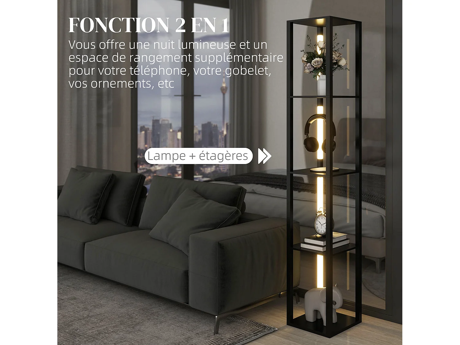 Lampadaire étagères design LED H.163 cm 4 niveaux luminosité réglable MDF noir