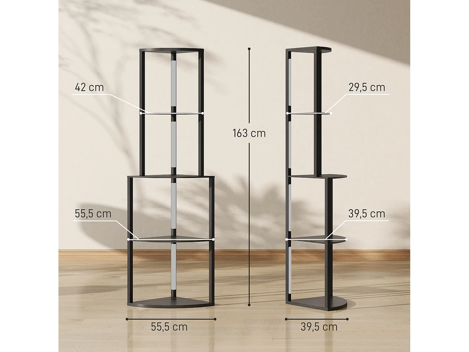Lampadaire étagère LED d'angle réglable - lampe étagère 4 niveaux design H.163cm - MDF noir