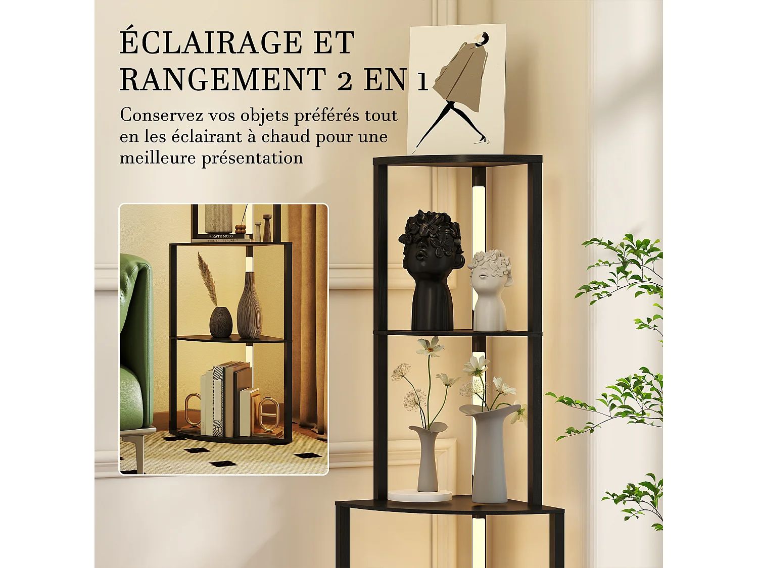 Lampadaire étagère LED d'angle réglable - lampe étagère 4 niveaux design H.163cm - MDF noir