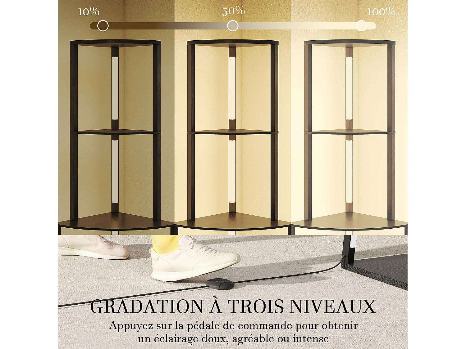 Lampadaire étagère LED d'angle réglable - lampe étagère 4 niveaux design H.163cm - MDF noir