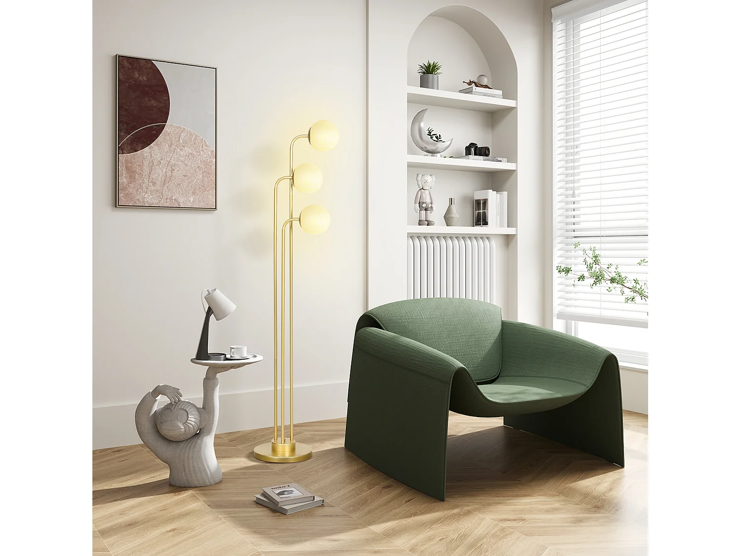 Lampadaire sur pied style contemporain acier doré 3 globes pivotants verre dépoli blanc