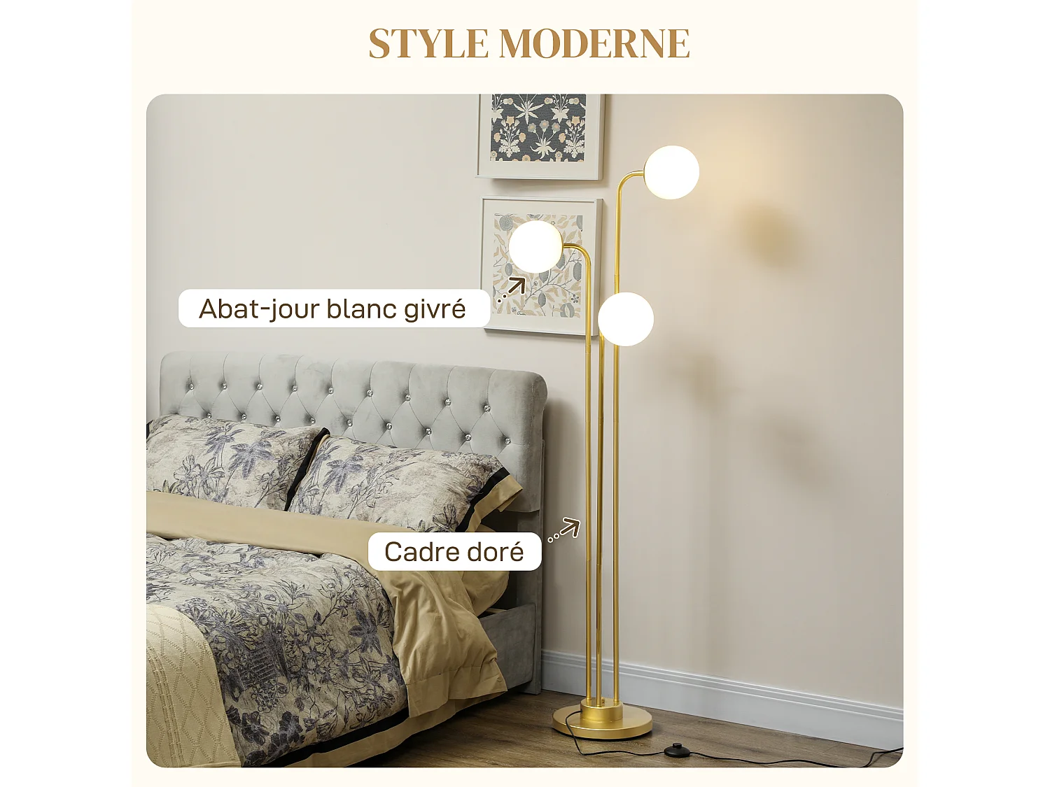 Lampadaire sur pied style contemporain acier doré 3 globes pivotants verre dépoli blanc