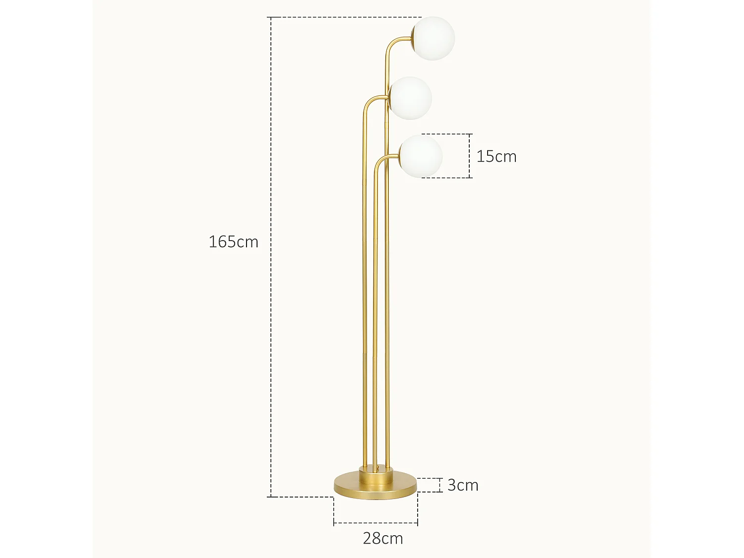 Lampadaire sur pied style contemporain acier doré 3 globes pivotants verre dépoli blanc
