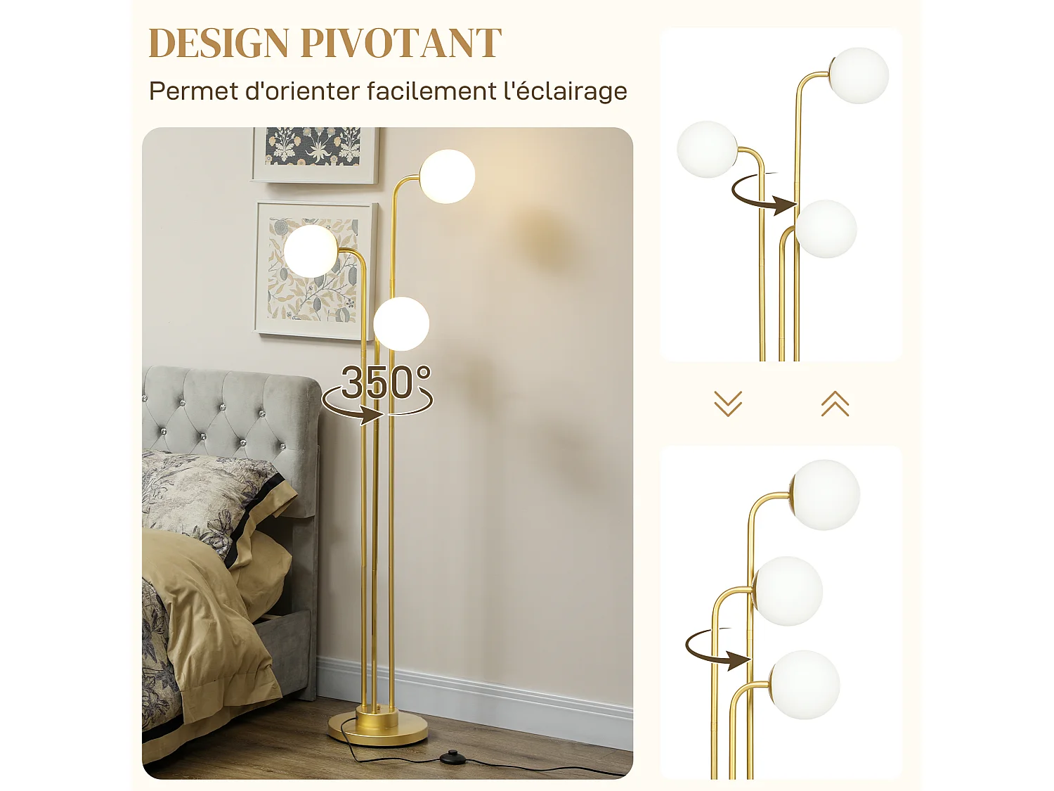 Lampadaire sur pied style contemporain acier doré 3 globes pivotants verre dépoli blanc