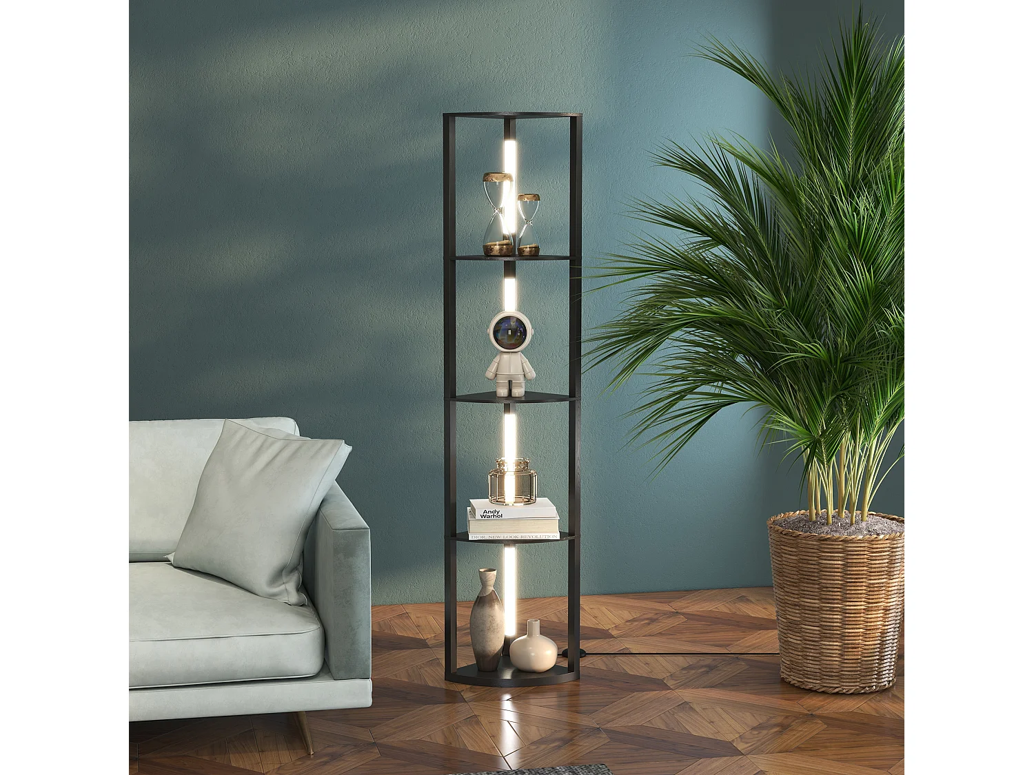 Lampadaire étagère LED d'angle réglable - lampe étagère 4 niveaux design dim.41x29x163cm - MDF noir