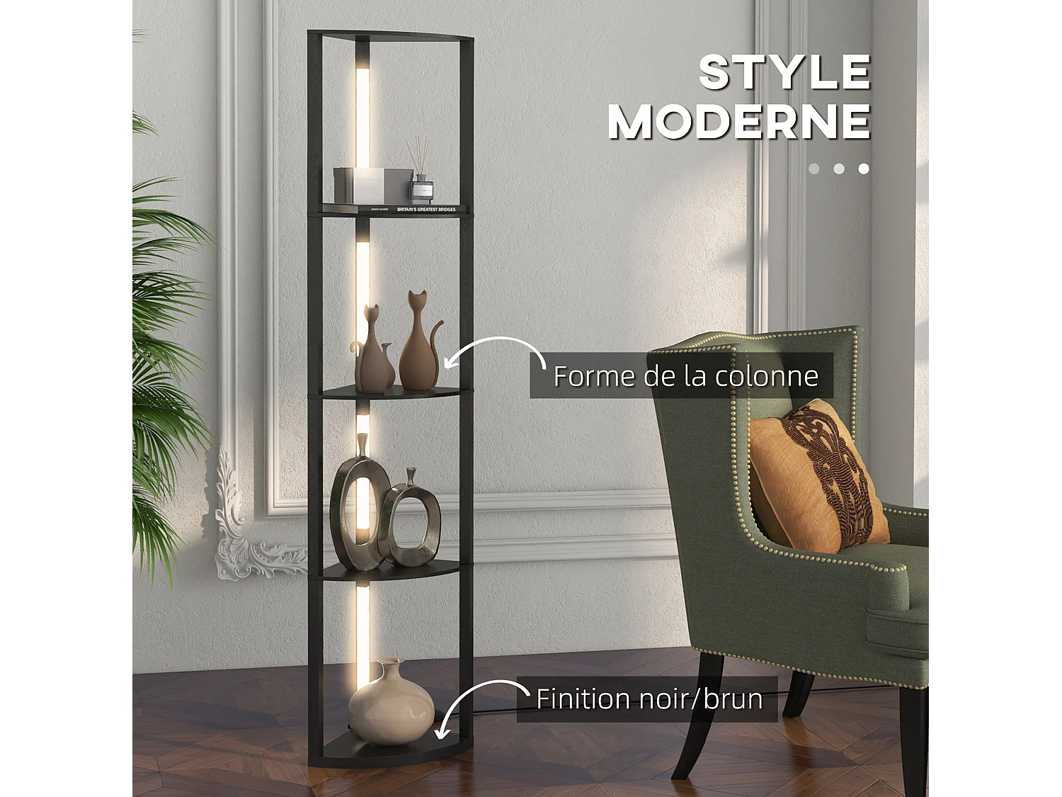 Lampadaire étagère LED d'angle réglable - lampe étagère 4 niveaux design dim.41x29x163cm - MDF noir