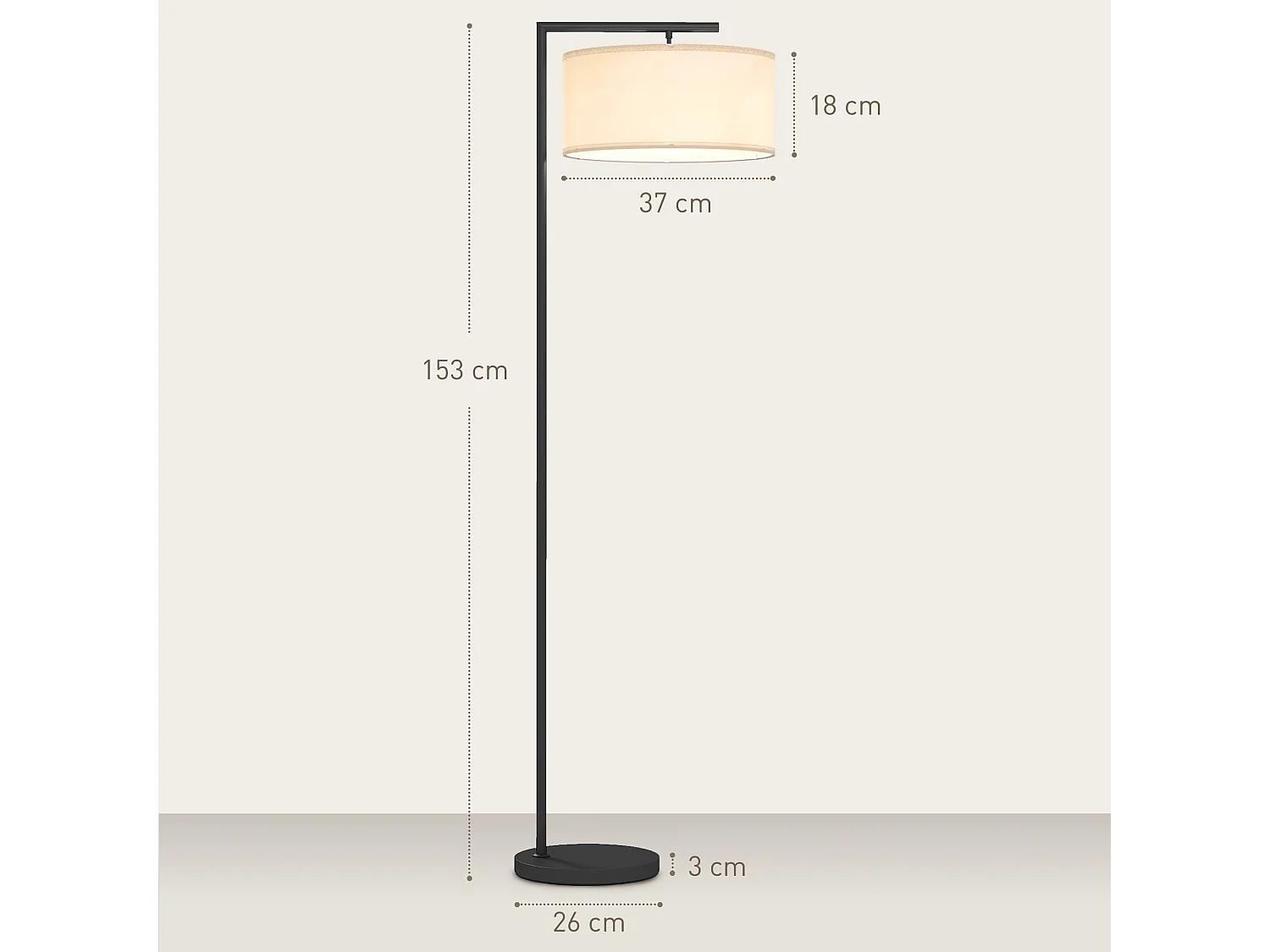 Lampadaire design H.153 cm piètement mat métal noir abat-jour à tambour lin blanc