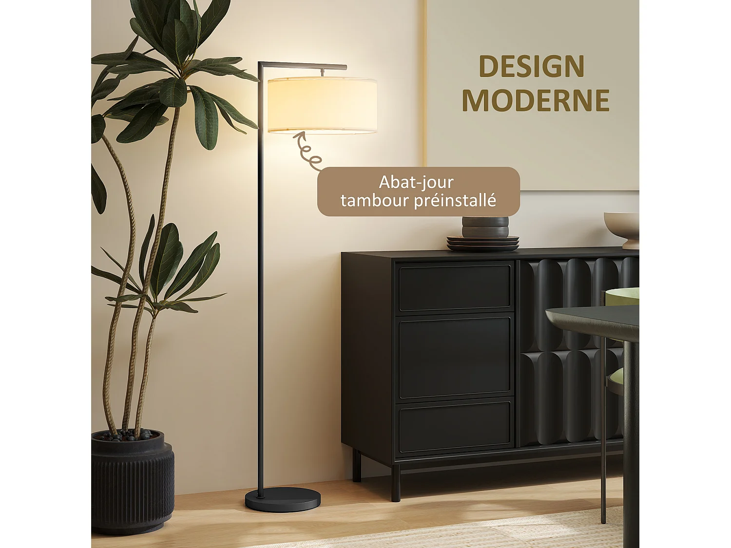 Lampadaire design H.153 cm piètement mat métal noir abat-jour à tambour lin blanc