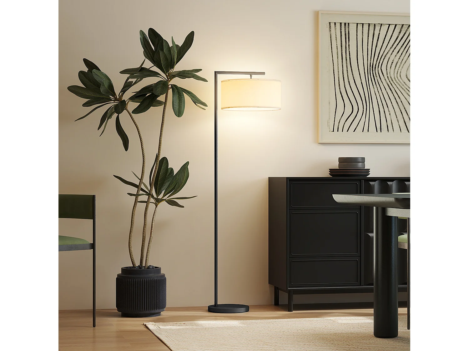 Lampadaire design H.153 cm piètement mat métal noir abat-jour à tambour lin blanc