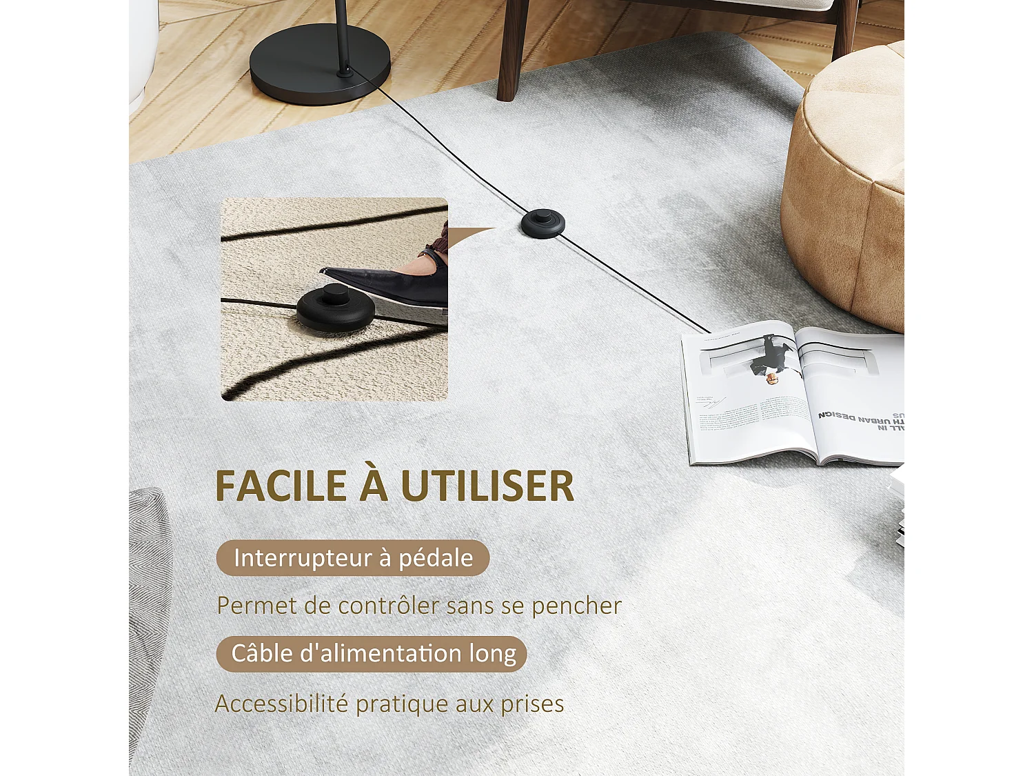 Lampadaire design H.153 cm piètement mat métal noir abat-jour à tambour lin blanc