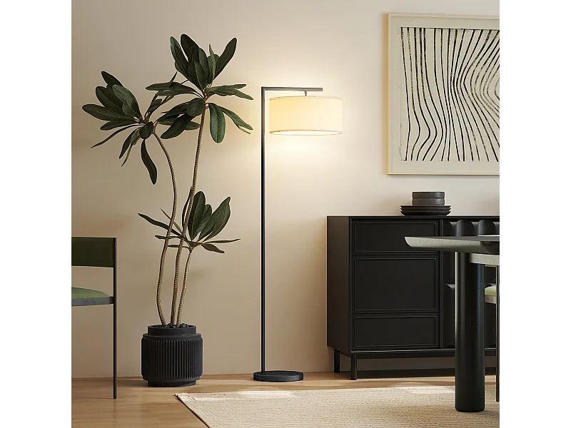 Lampadaire design H.153 cm piètement mat métal noir abat-jour à tambour lin blanc