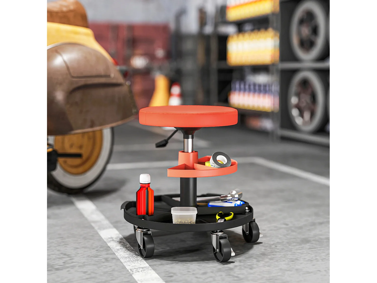 Tabouret d'atelier mobile - tabouret de mécanicien - pivotant réglable H.40-51 cm, 2 plateaux outils - terre de sienne