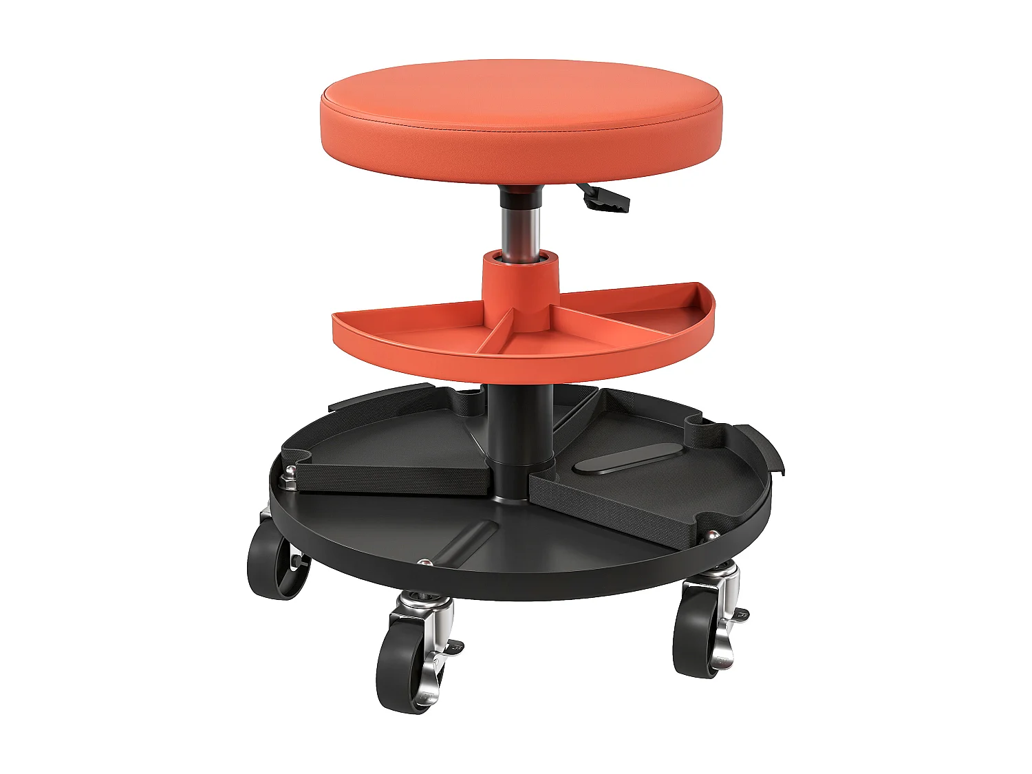 Tabouret d'atelier mobile - tabouret de mécanicien - pivotant réglable H.40-51 cm, 2 plateaux outils - terre de sienne