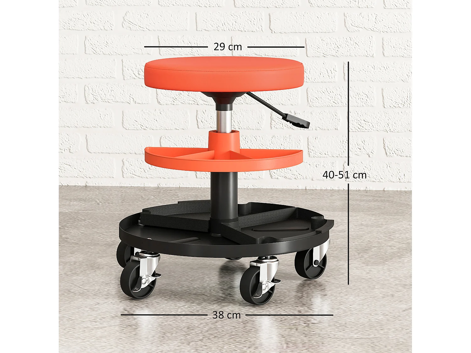 Tabouret d'atelier mobile - tabouret de mécanicien - pivotant réglable H.40-51 cm, 2 plateaux outils - terre de sienne