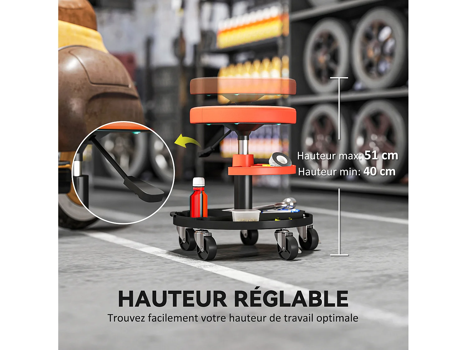 Tabouret d'atelier mobile - tabouret de mécanicien - pivotant réglable H.40-51 cm, 2 plateaux outils - terre de sienne