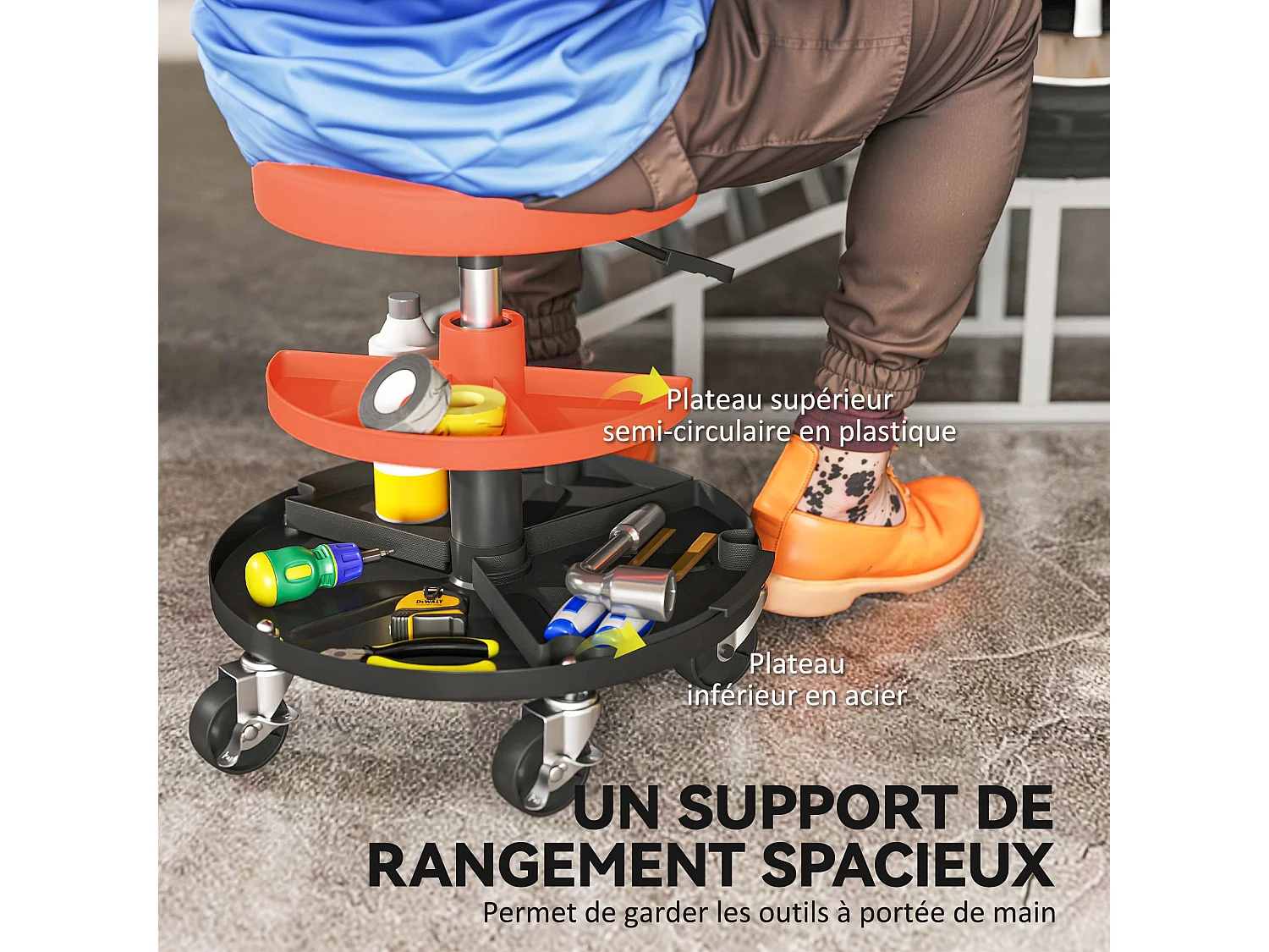 Tabouret d'atelier mobile - tabouret de mécanicien - pivotant réglable H.40-51 cm, 2 plateaux outils - terre de sienne