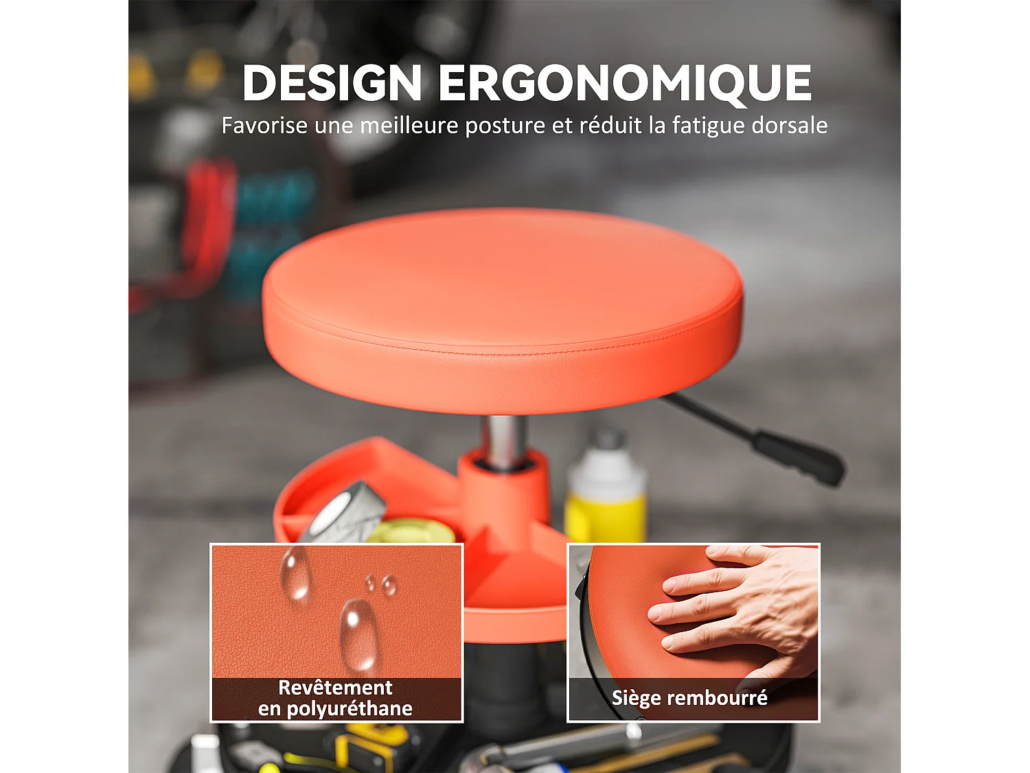 Tabouret d'atelier mobile - tabouret de mécanicien - pivotant réglable H.40-51 cm, 2 plateaux outils - terre de sienne