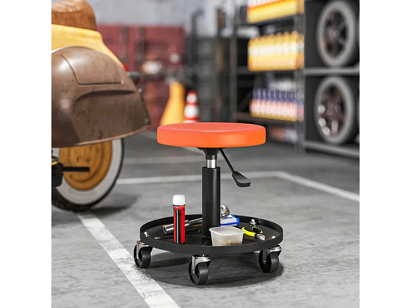 Tabouret d'atelier mobile - tabouret de mécanicien - pivotant réglable H.38-50 cm, plateau outils - orange