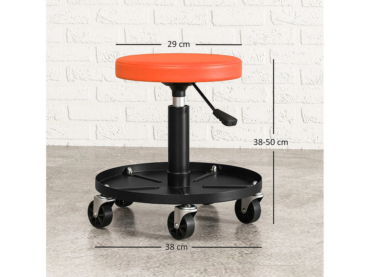 Tabouret d'atelier mobile - tabouret de mécanicien - pivotant réglable H.38-50 cm, plateau outils - orange