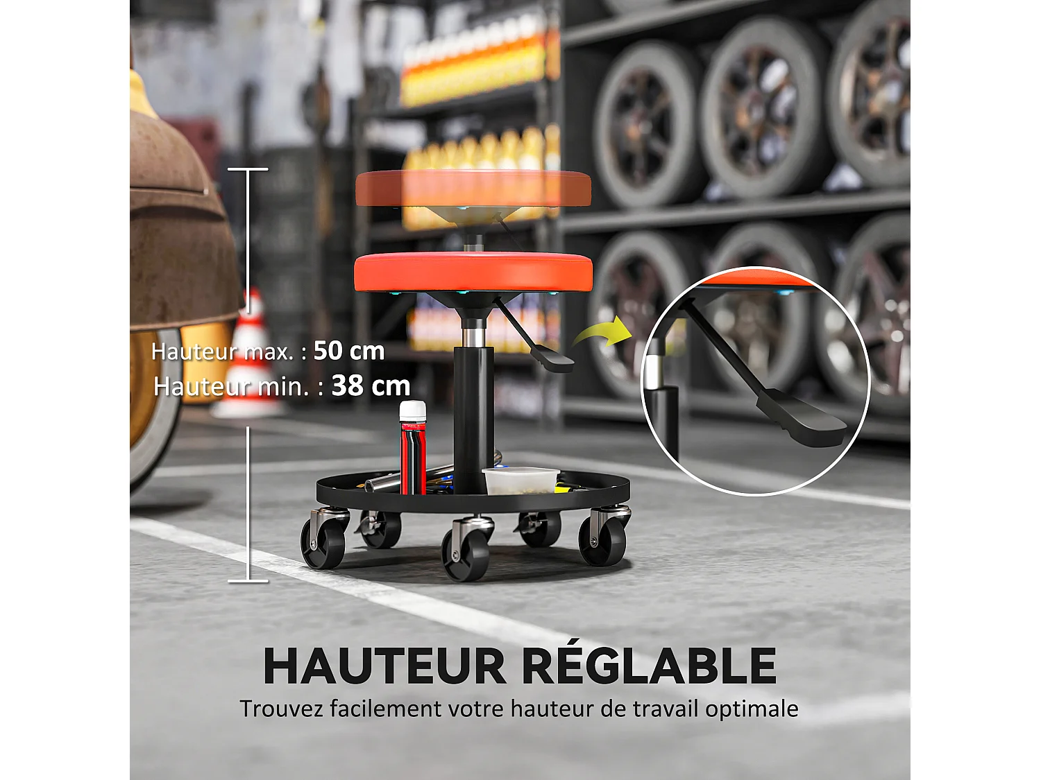 Tabouret d'atelier mobile - tabouret de mécanicien - pivotant réglable H.38-50 cm, plateau outils - orange