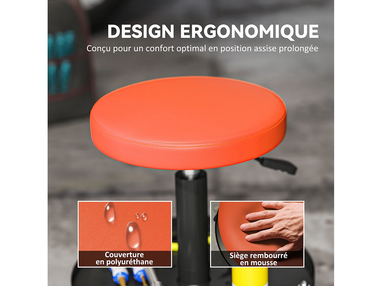 Tabouret d'atelier mobile - tabouret de mécanicien - pivotant réglable H.38-50 cm, plateau outils - orange