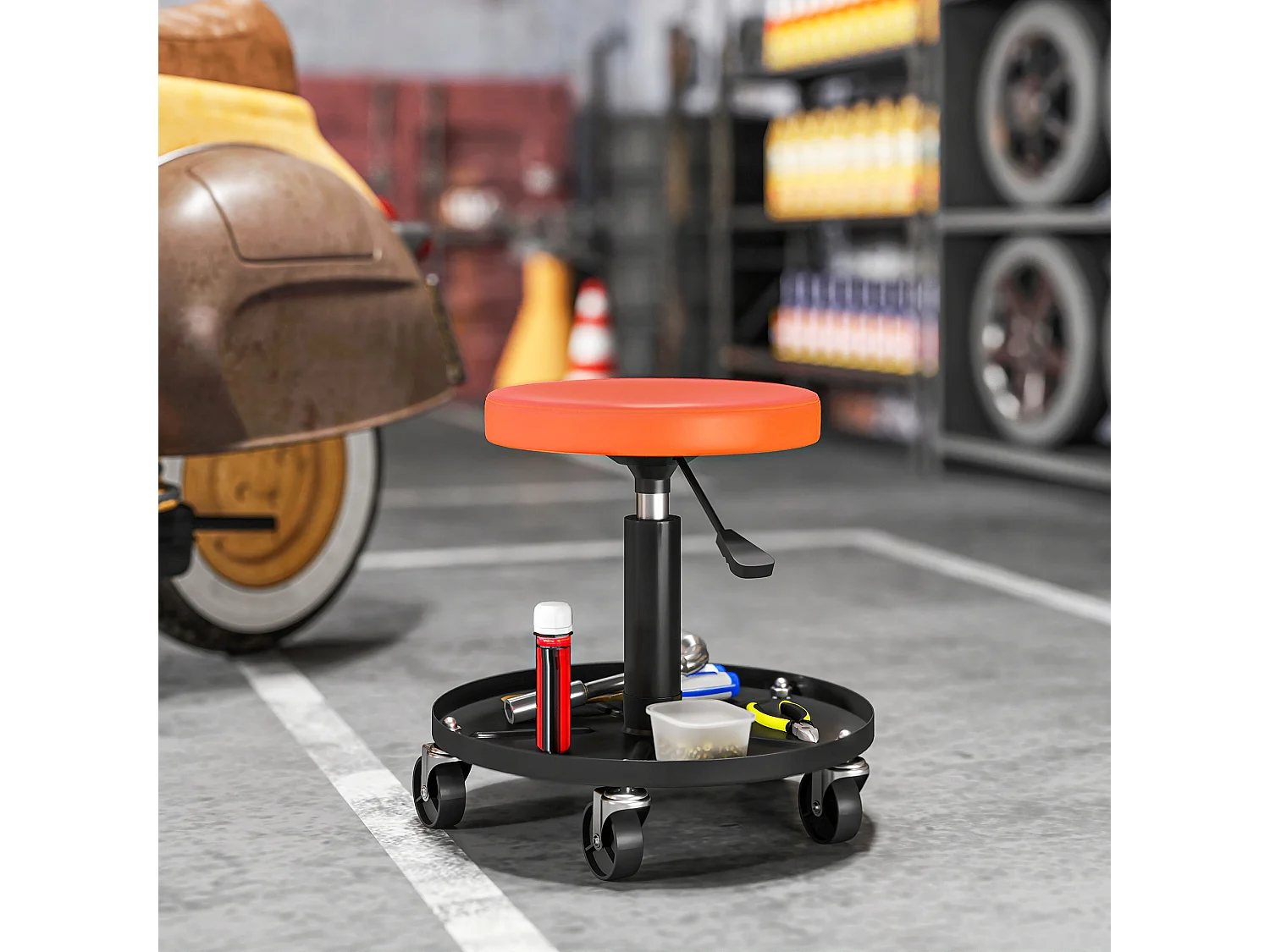 Tabouret d'atelier mobile - tabouret de mécanicien - pivotant réglable H.38-50 cm, plateau outils - orange