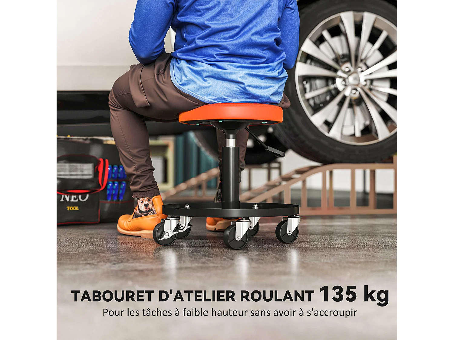 Tabouret d'atelier mobile - tabouret de mécanicien - pivotant réglable H.38-50 cm, plateau outils - orange