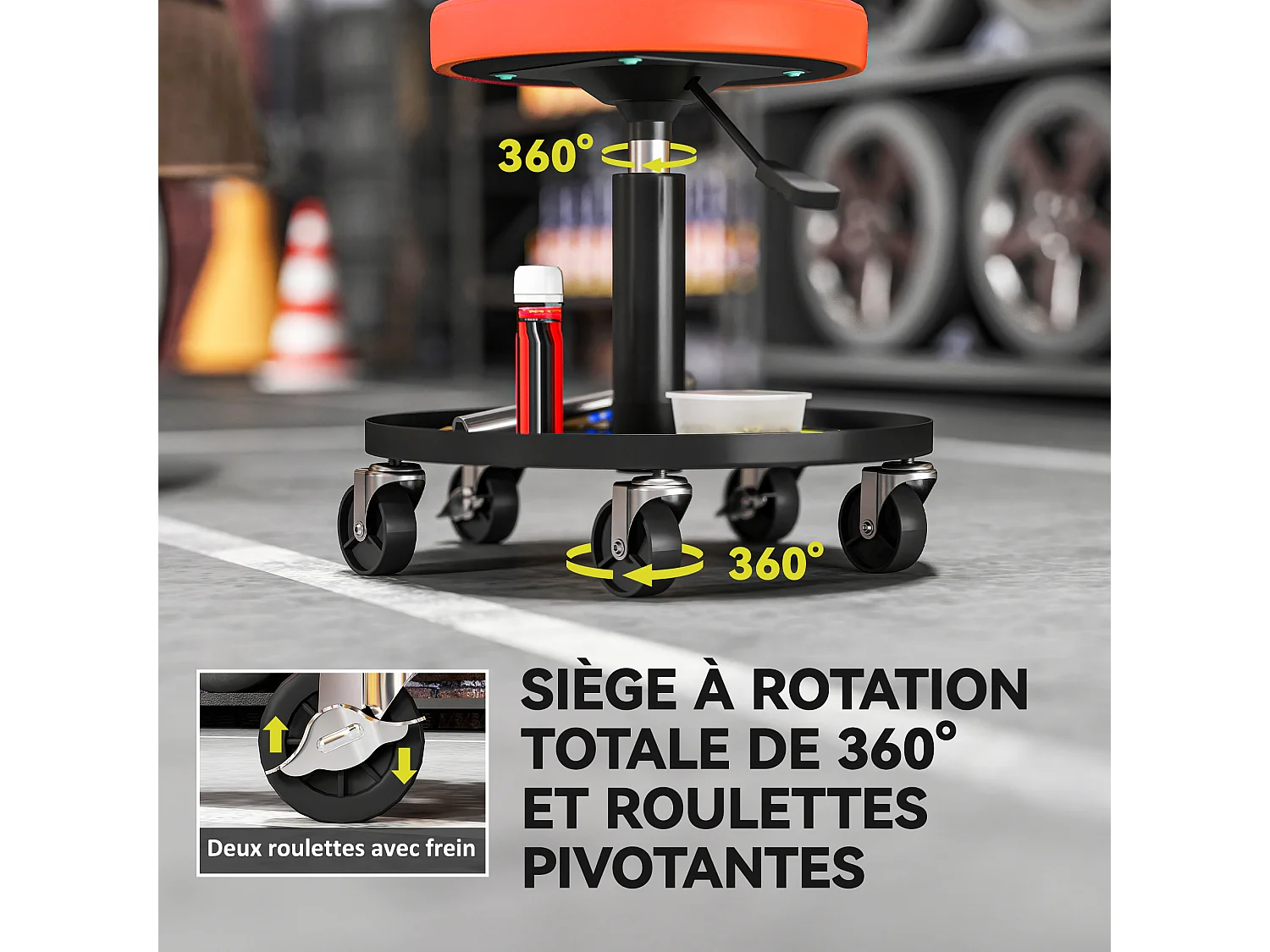 Tabouret d'atelier mobile - tabouret de mécanicien - pivotant réglable H.38-50 cm, plateau outils - orange