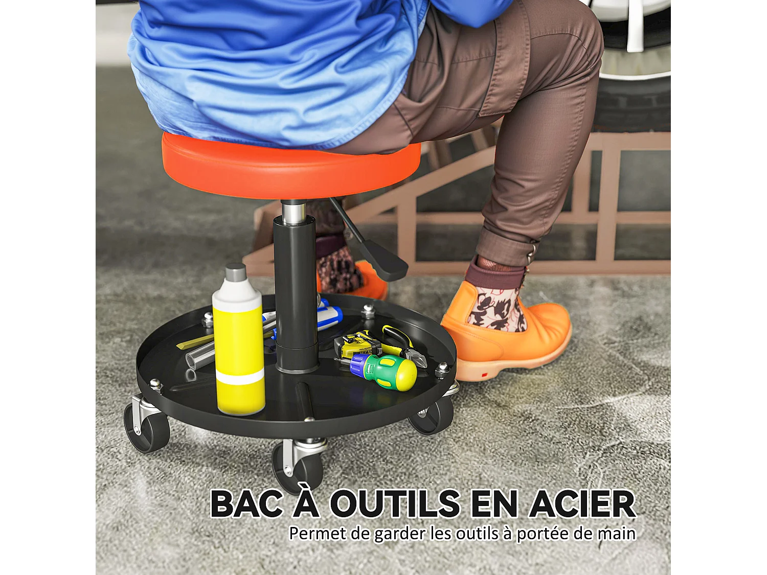 Tabouret d'atelier mobile - tabouret de mécanicien - pivotant réglable H.38-50 cm, plateau outils - orange