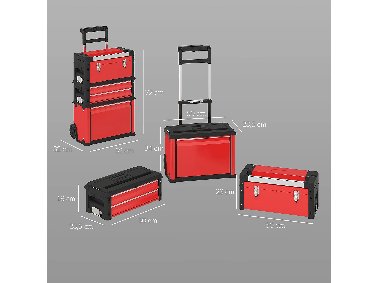 Servante d'atelier - servante outillage 3en1 - 2 boîtes à outils compactes + coffre - acier PP rouge noir