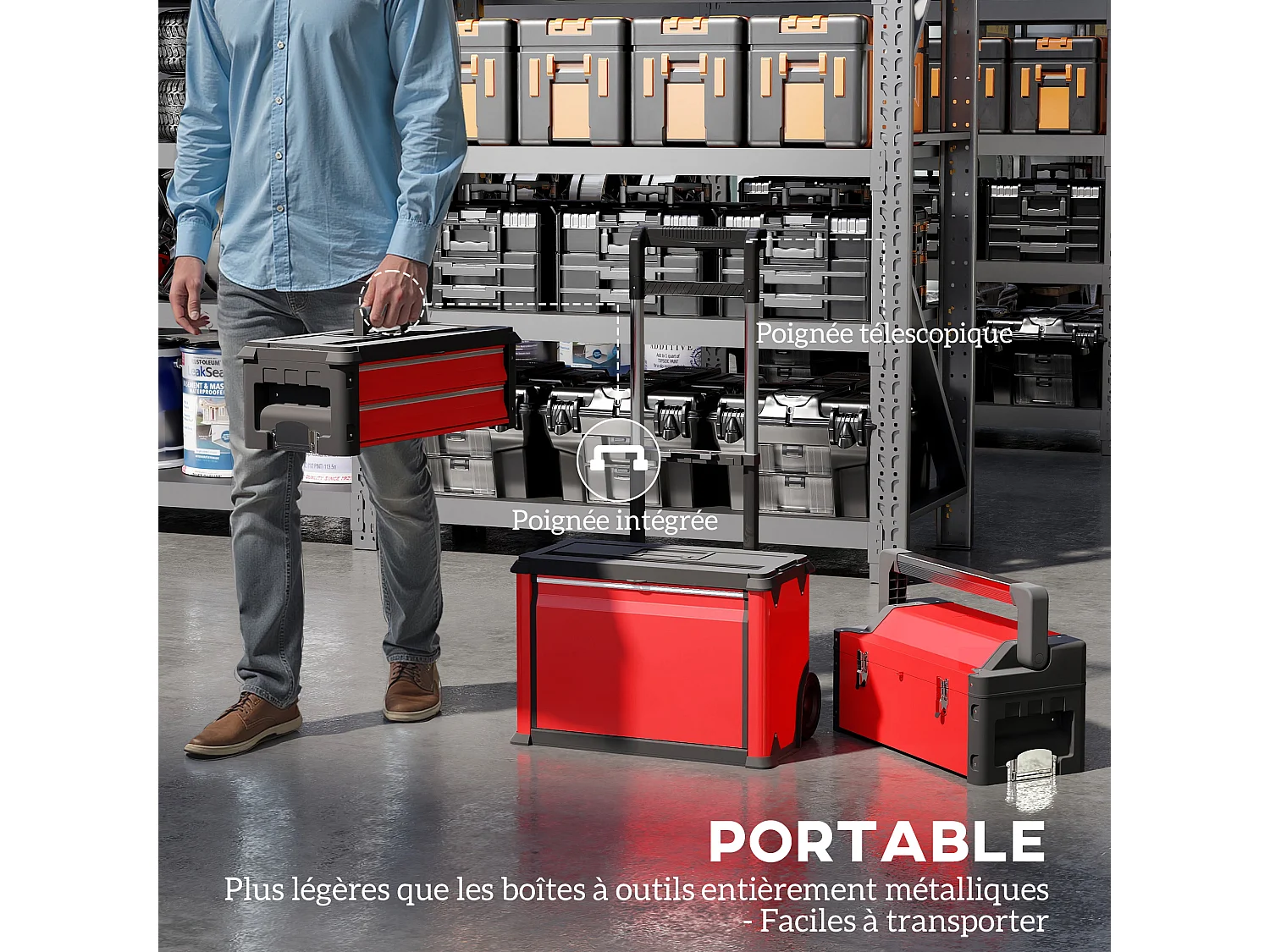 Servante d'atelier - servante outillage 3en1 - 2 boîtes à outils compactes + coffre - acier PP rouge noir