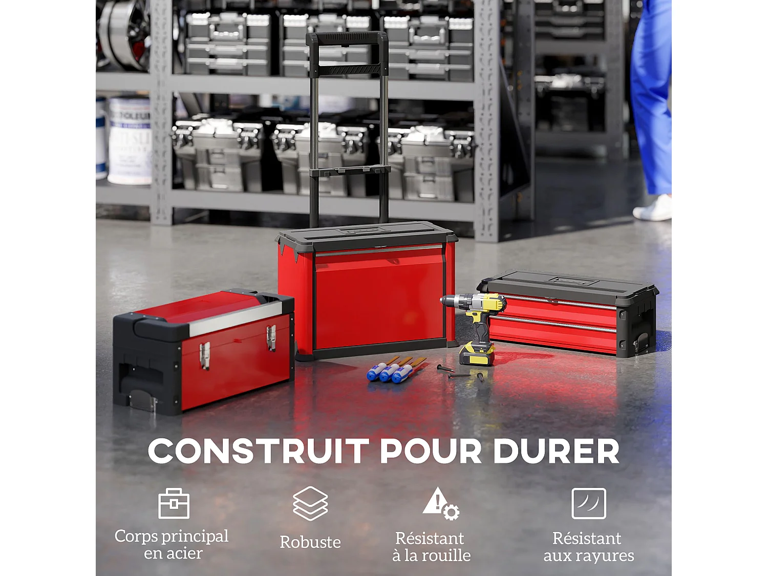 Servante d'atelier - servante outillage 3en1 - 2 boîtes à outils compactes + coffre - acier PP rouge noir