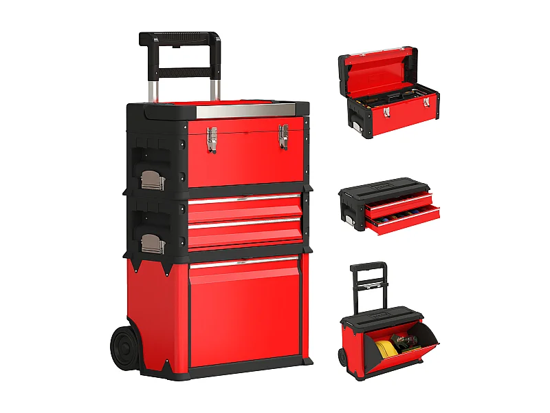 Servante d'atelier - servante outillage 3en1 - 2 boîtes à outils compactes + coffre - acier PP rouge noir