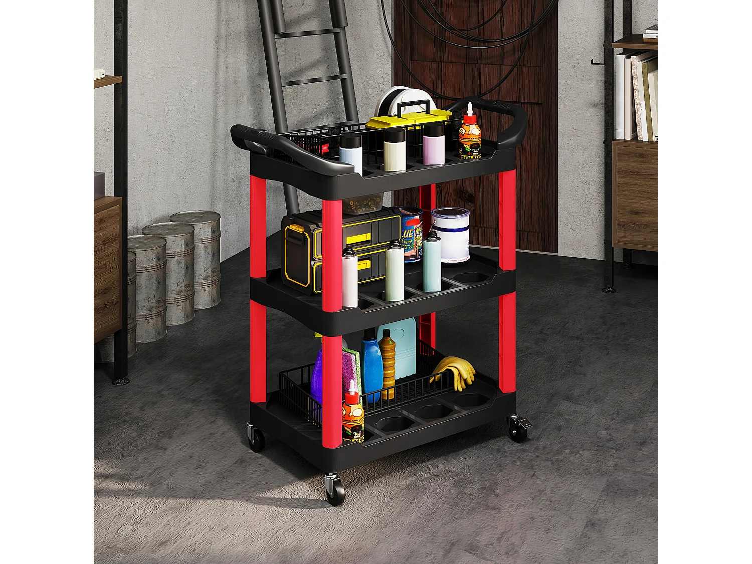 Servante chariot à outils 3 niveaux 12 espaces 2 poignées latérales max. 91 Kg plastique rouge noir