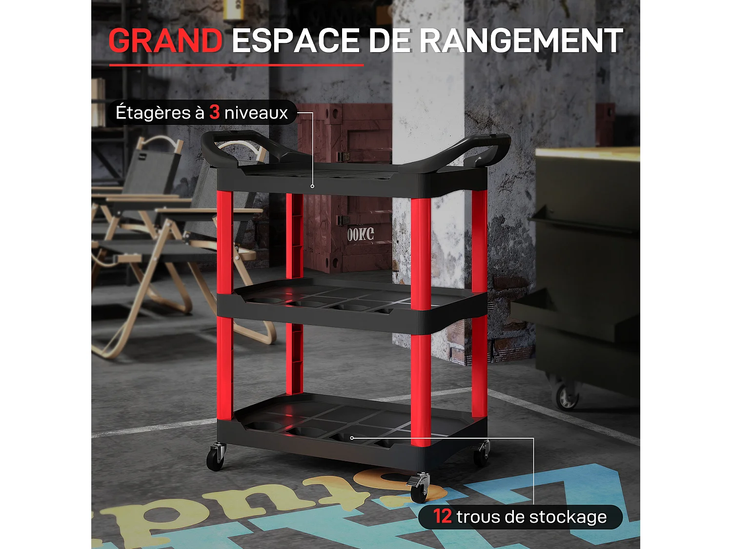 Servante chariot à outils 3 niveaux 12 espaces 2 poignées latérales max. 91 Kg plastique rouge noir