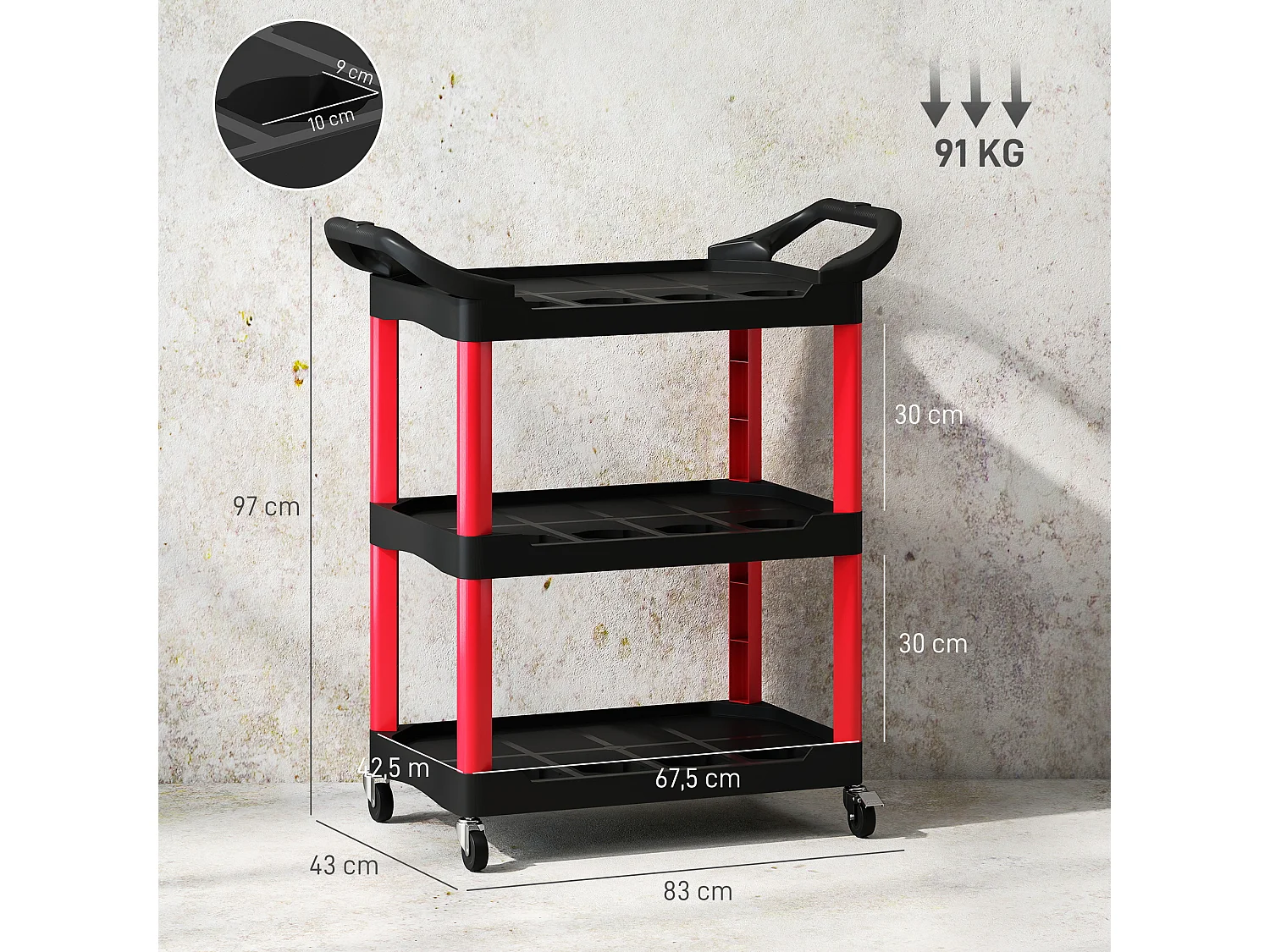 Servante chariot à outils 3 niveaux 12 espaces 2 poignées latérales max. 91 Kg plastique rouge noir
