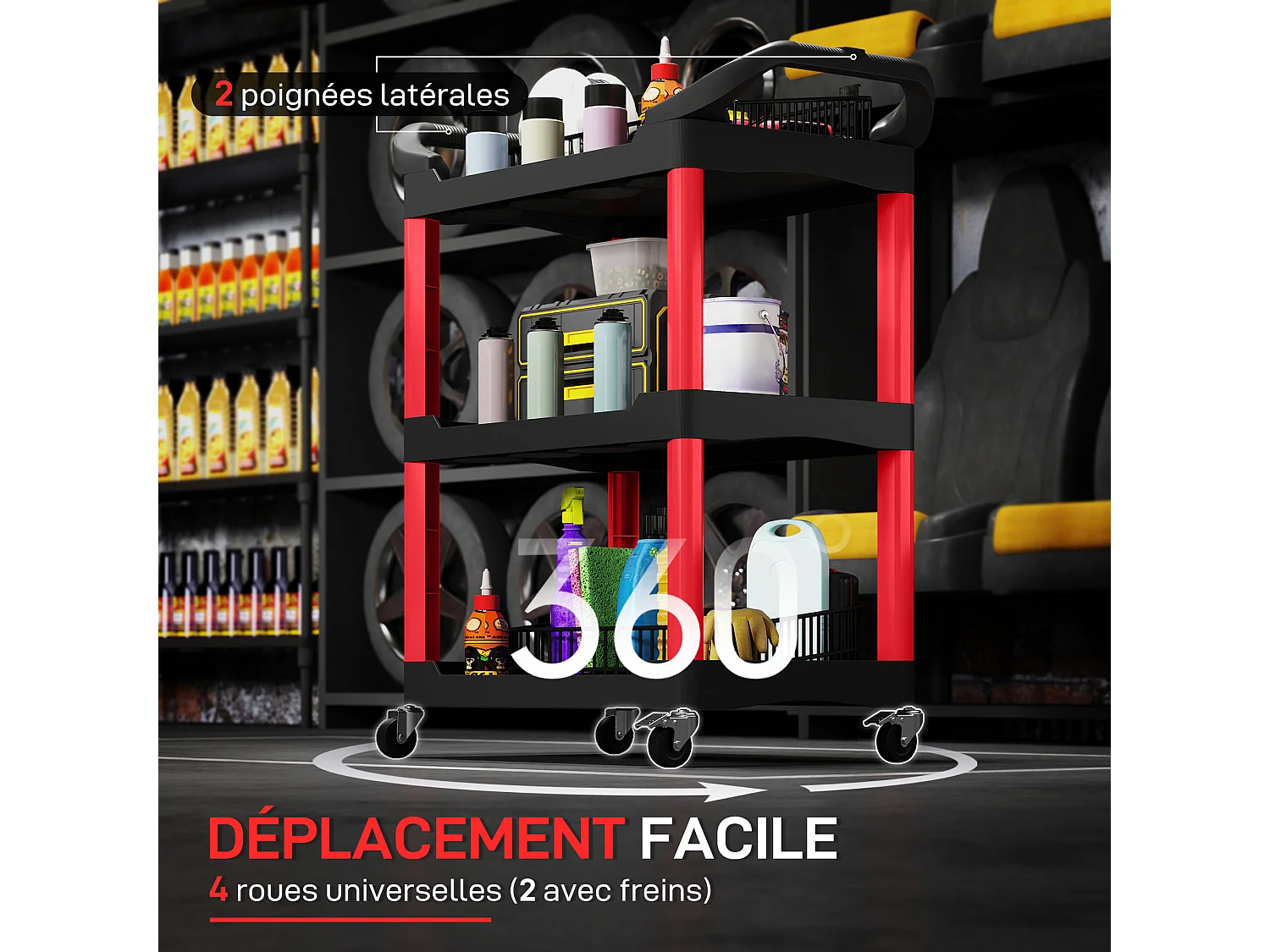 Servante chariot à outils 3 niveaux 12 espaces 2 poignées latérales max. 91 Kg plastique rouge noir