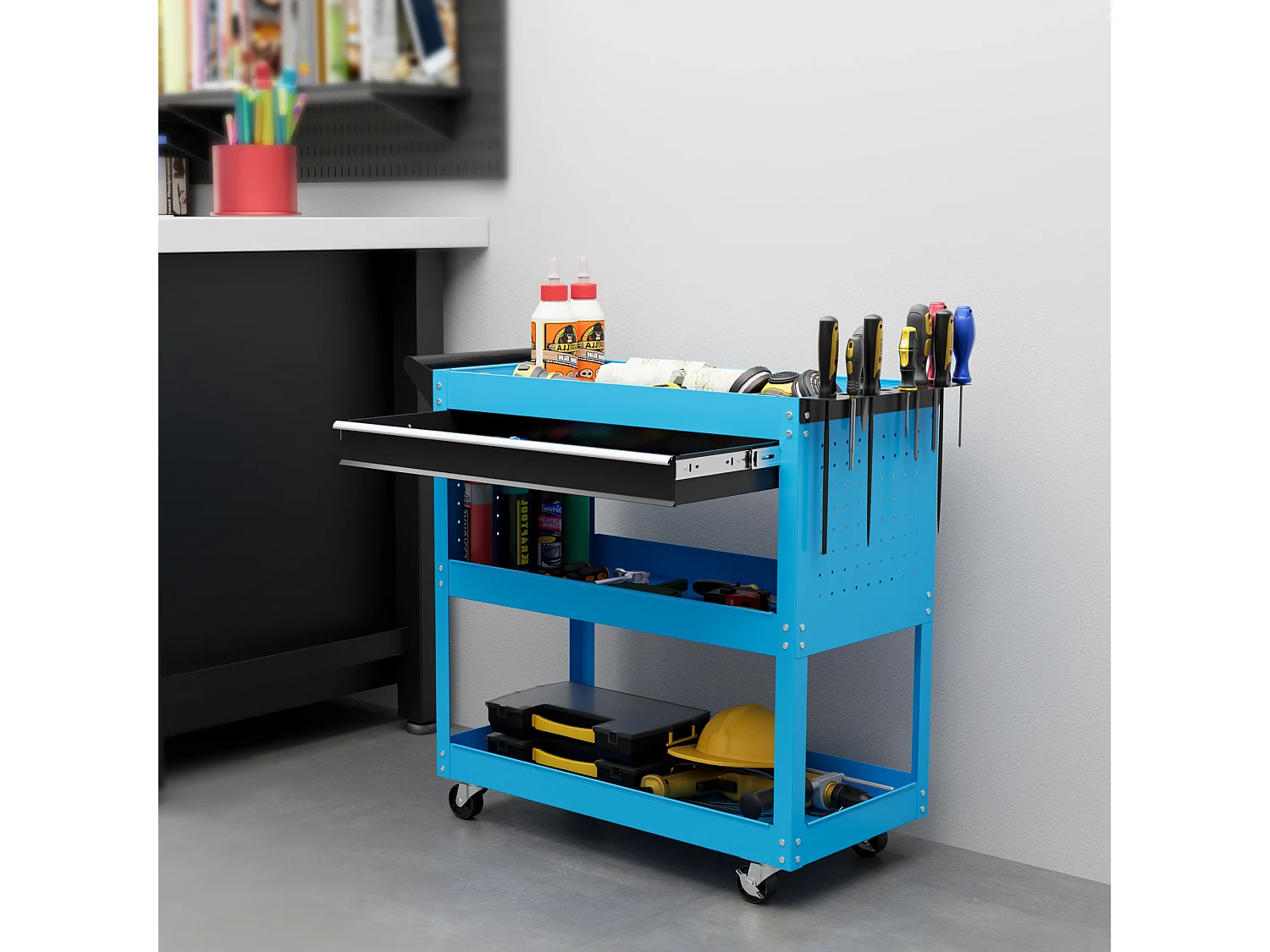 Servante d'atelier chariot à outils 2 étagères plateau grand tiroir tablette à outils acier bleu noir