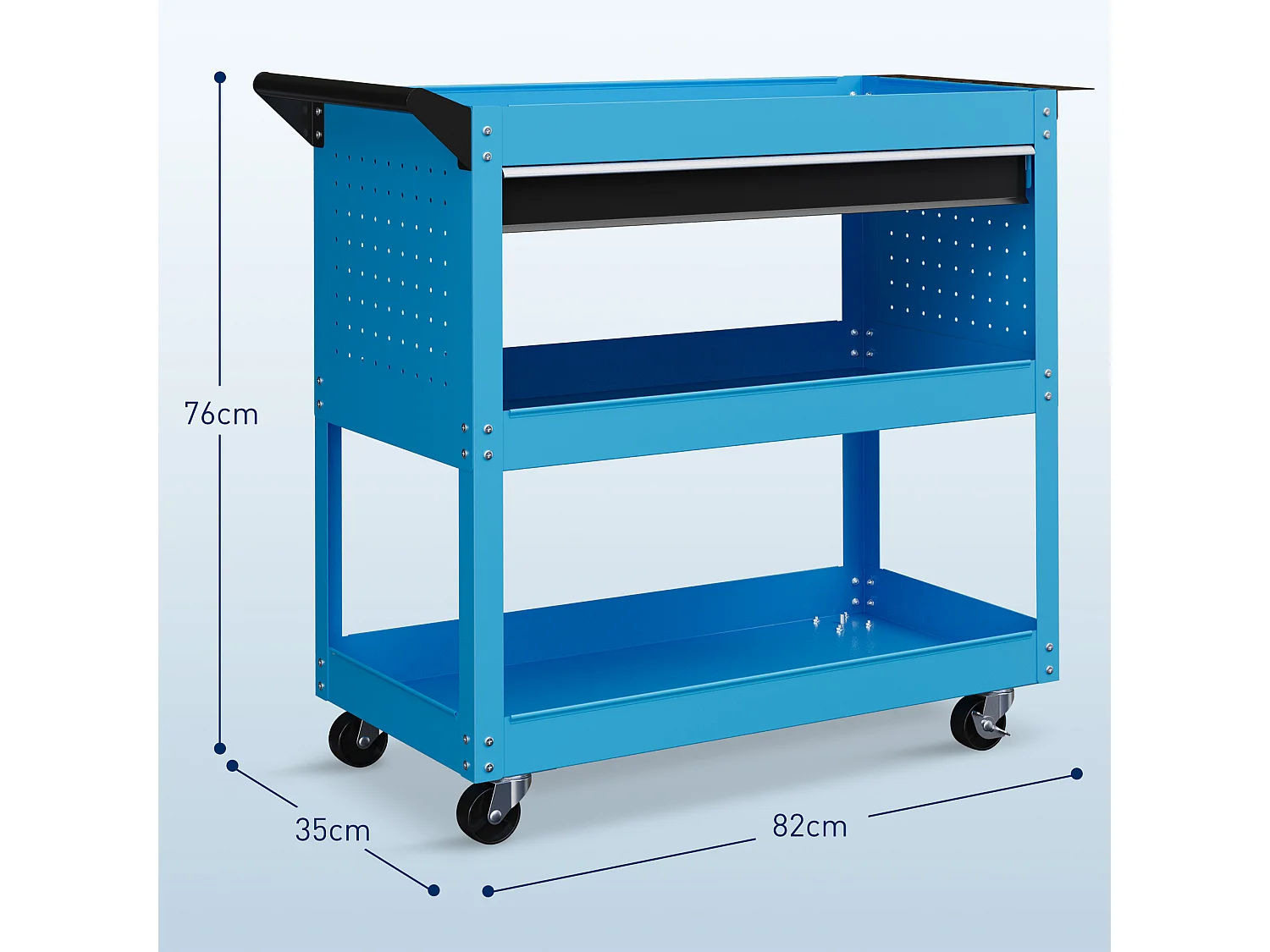 Servante d'atelier chariot à outils 2 étagères plateau grand tiroir tablette à outils acier bleu noir