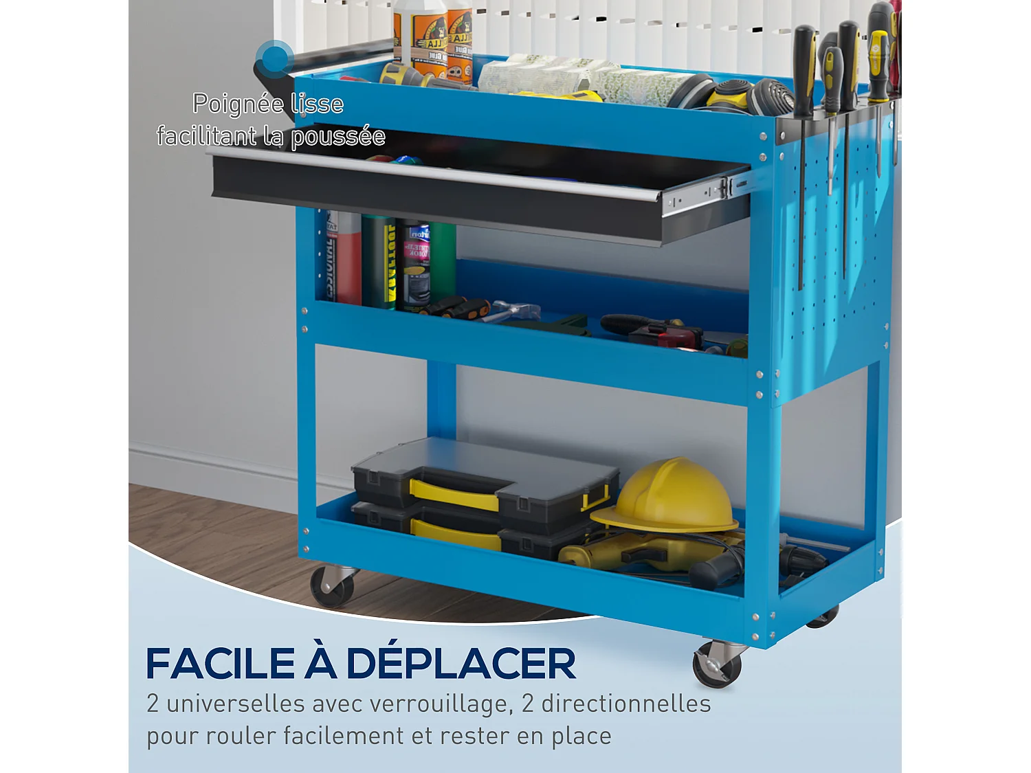 Servante d'atelier chariot à outils 2 étagères plateau grand tiroir tablette à outils acier bleu noir