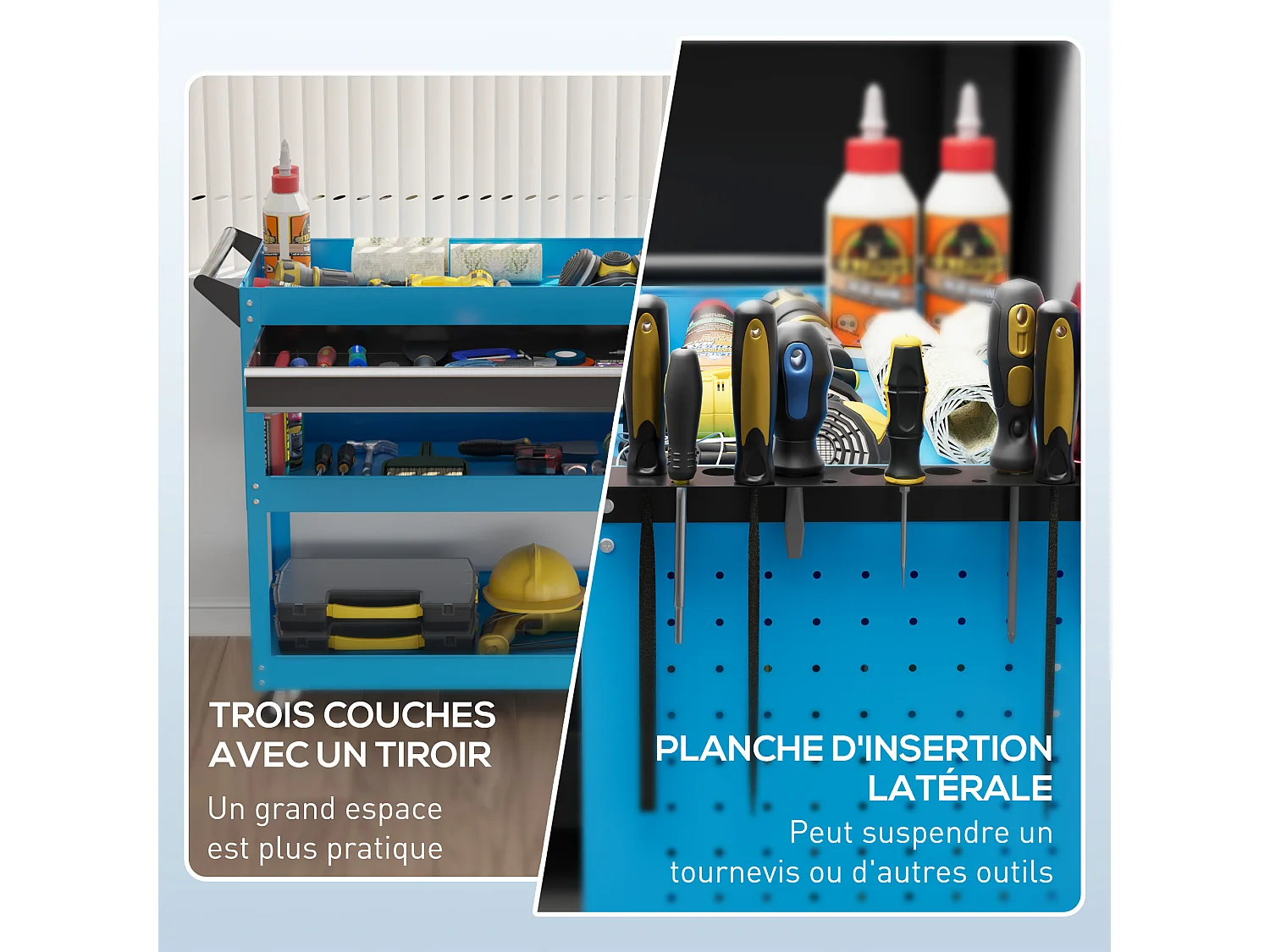 Servante d'atelier chariot à outils 2 étagères plateau grand tiroir tablette à outils acier bleu noir