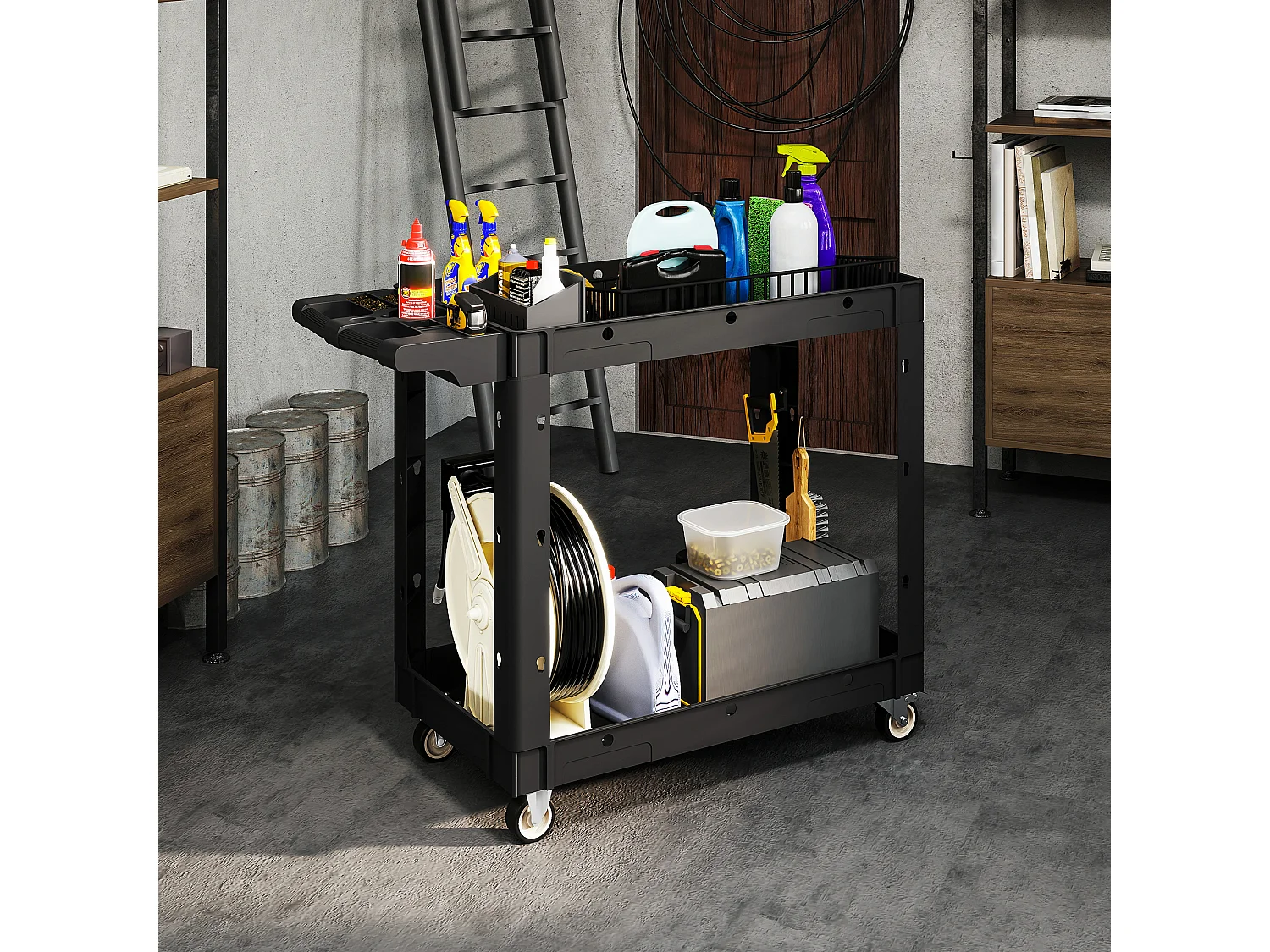 Servante chariot à outils 2 niveaux plateaux séparateurs poignée max. 227 Kg plastique noir