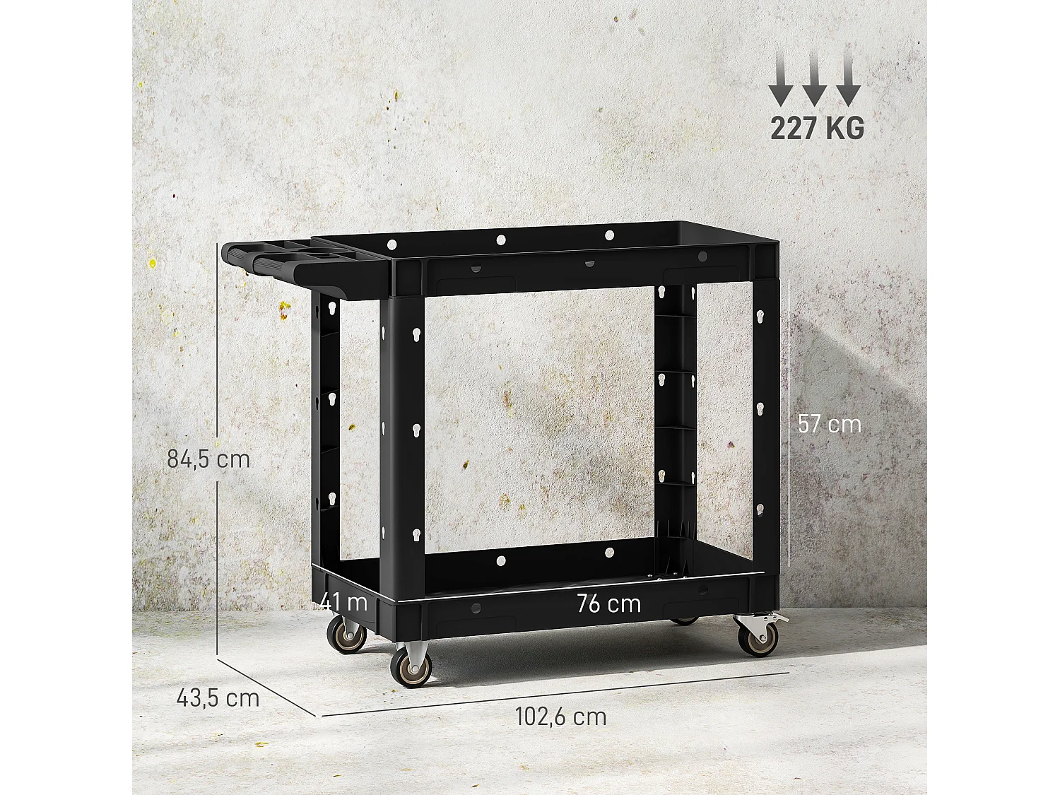 Servante chariot à outils 2 niveaux plateaux séparateurs poignée max. 227 Kg plastique noir