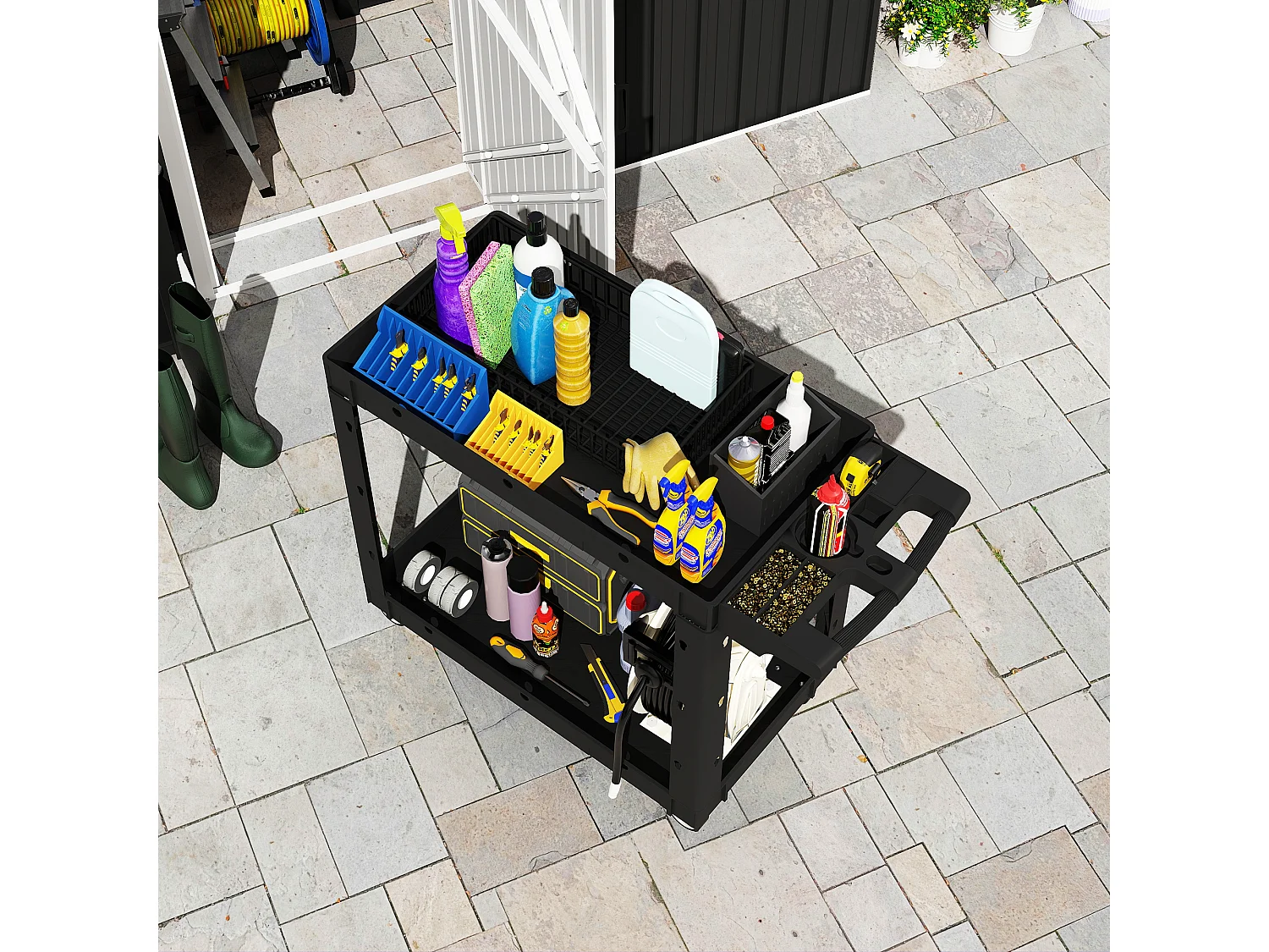 Servante chariot à outils 2 niveaux plateaux séparateurs poignée max. 227 Kg plastique noir