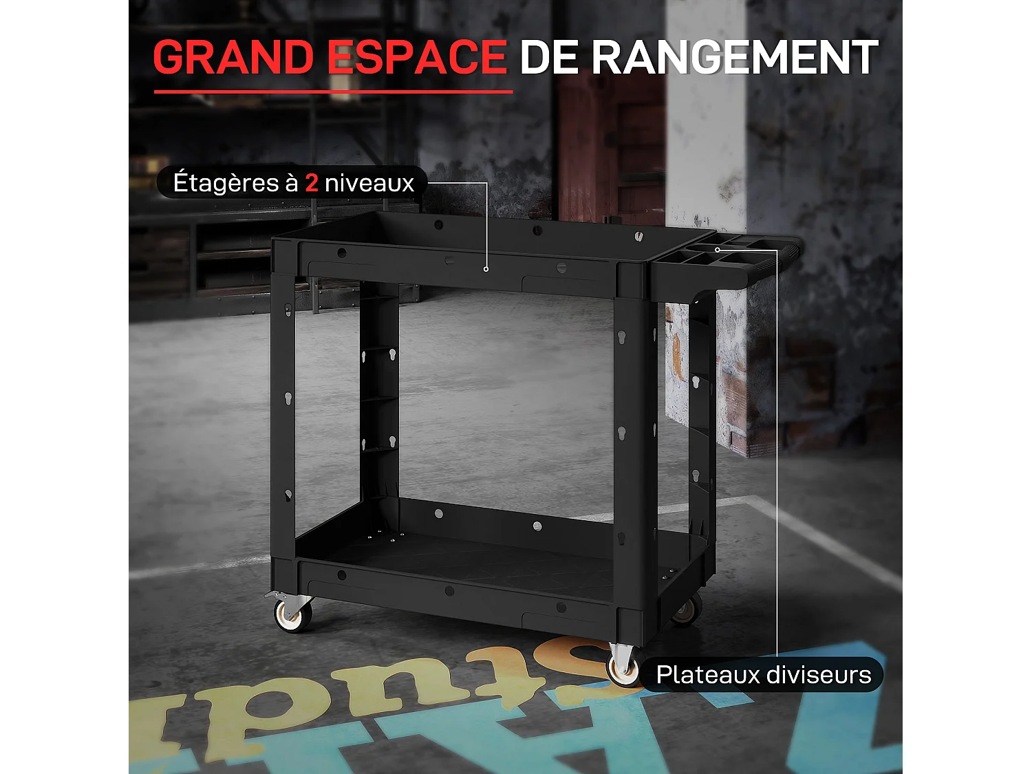 Servante chariot à outils 2 niveaux plateaux séparateurs poignée max. 227 Kg plastique noir