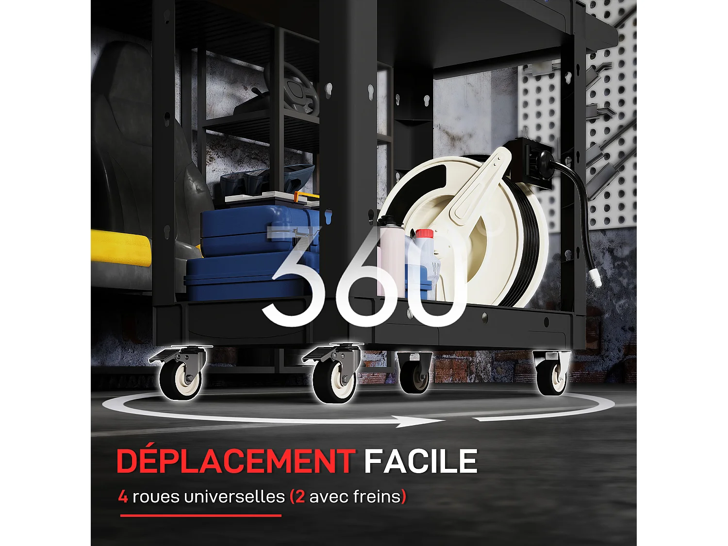 Servante chariot à outils 2 niveaux plateaux séparateurs poignée max. 227 Kg plastique noir