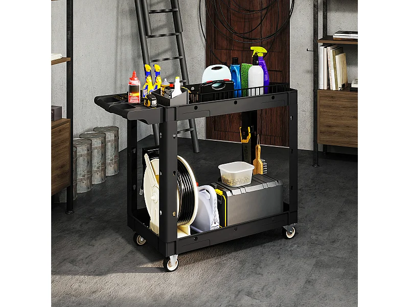 Servante chariot à outils 2 niveaux plateaux séparateurs poignée max. 227 Kg plastique noir