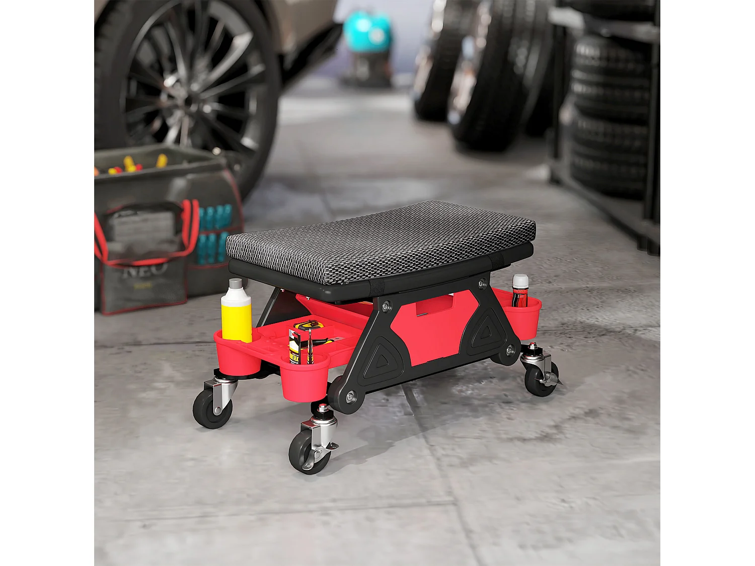 Tabouret d'atelier mobile - tabouret de mécanicien - coussin intégré, 3 plateaux outils - noir rouge