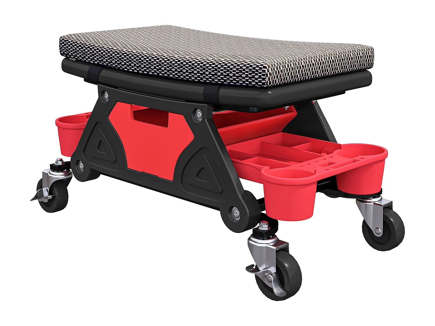 Tabouret d'atelier mobile - tabouret de mécanicien - coussin intégré, 3 plateaux outils - noir rouge