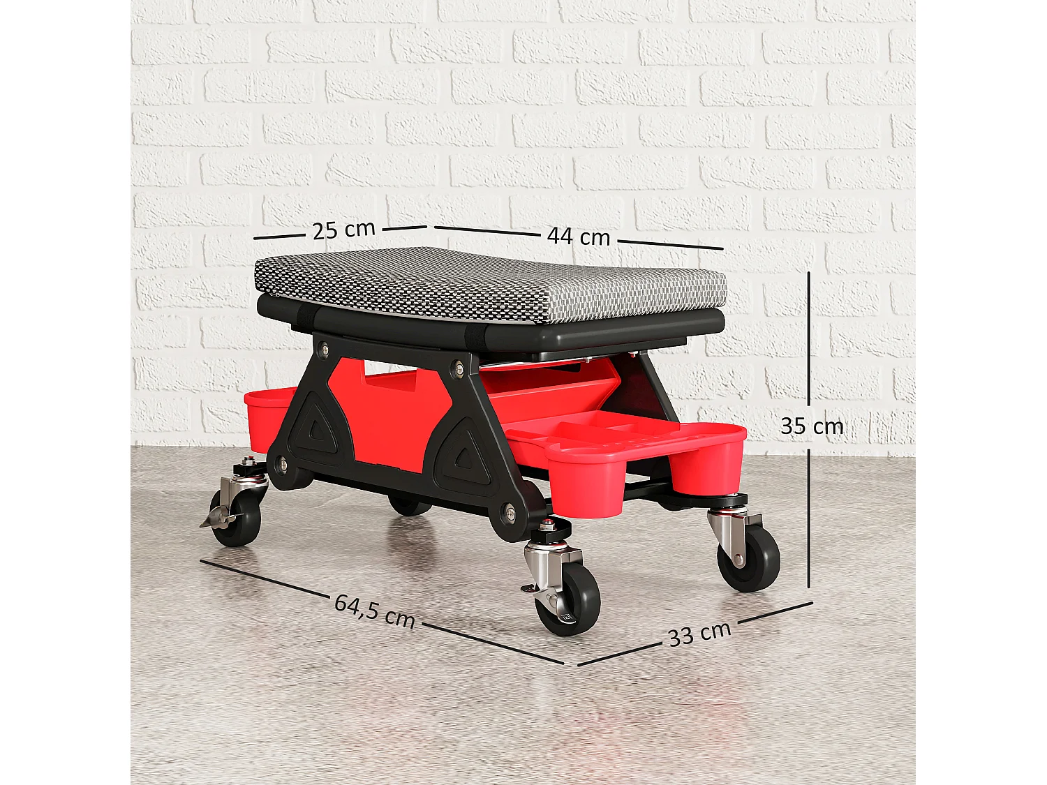 Tabouret d'atelier mobile - tabouret de mécanicien - coussin intégré, 3 plateaux outils - noir rouge